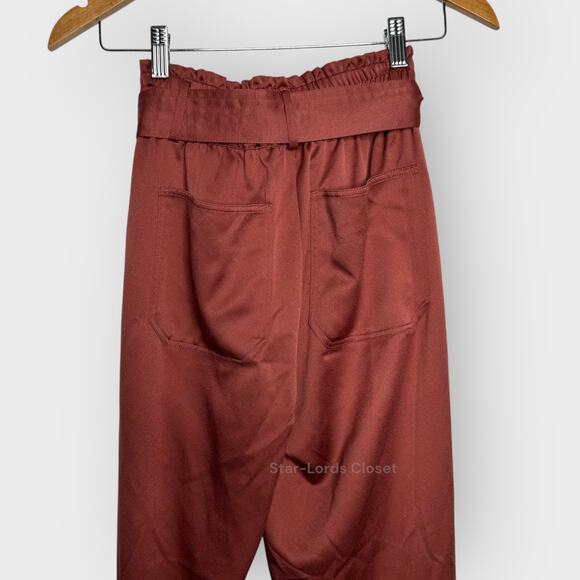 Abercrombie S Burnt Red Satin Paper Bag Pants High Rise Smocked Belted Trousers - Picture 7 of 8
